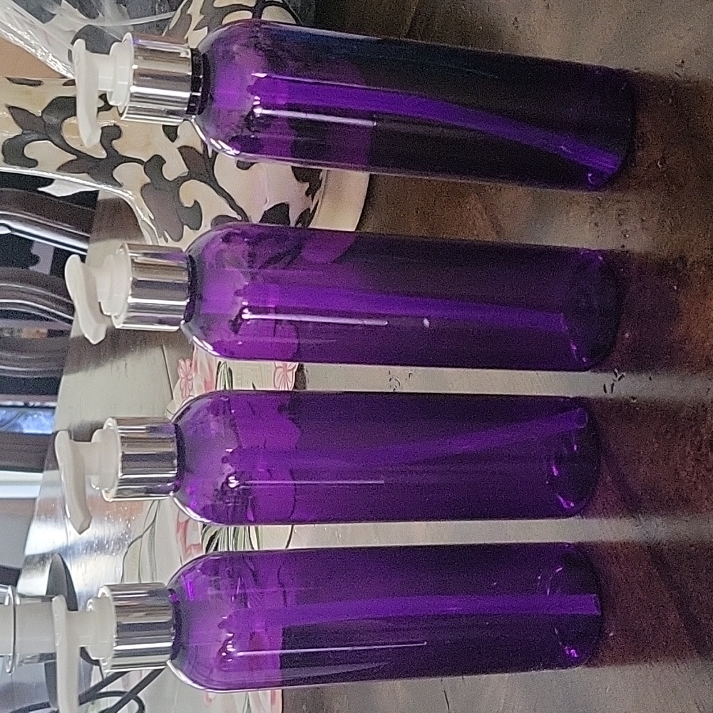 4 Purple 8oz PET plastic cosmo w/ shiny silver pump dispenser cap